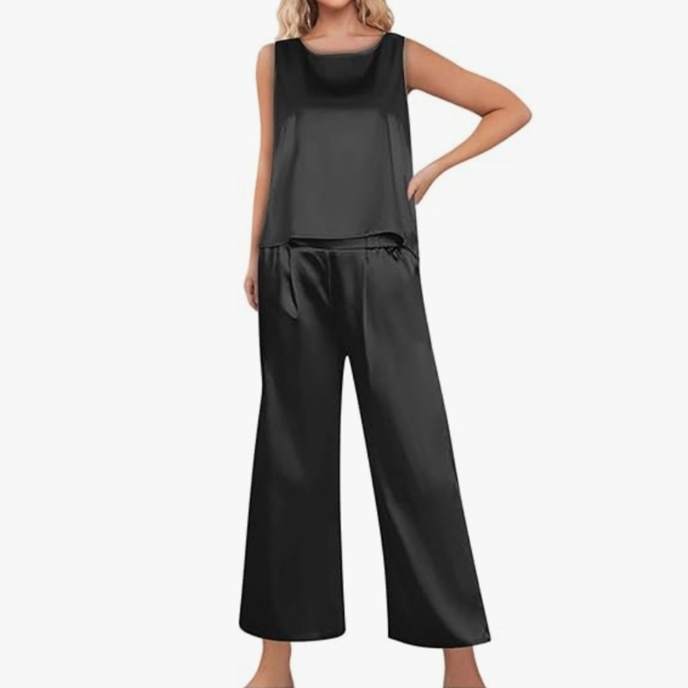 NWT Ekouaer M Black Satin Pajama Set From Amazon O-1448